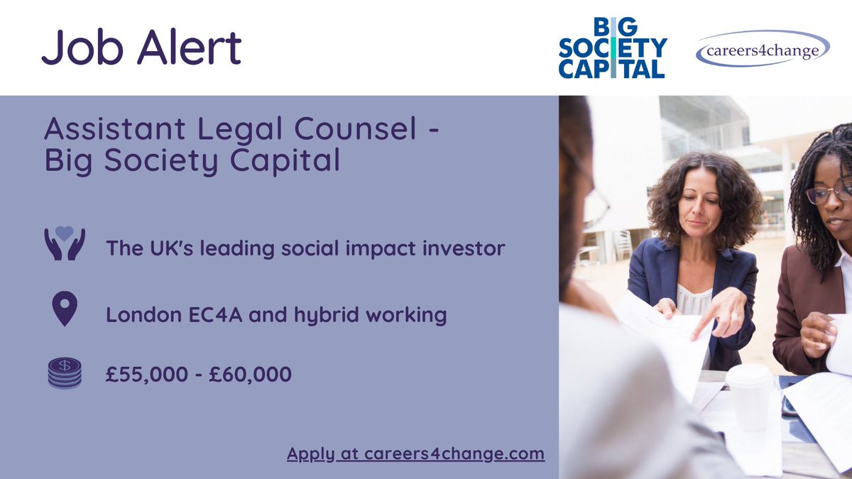 New Role: 💥 Assistant Legal Counsel at @BigSocietyCap Do you have an English law qualification and experience in investment transactions? 👇APPLY NOW: careers4change.com/jobs/assistant… #socimp #investments #JobAlert #careers4change #JobAlert #NowHiring #Legal