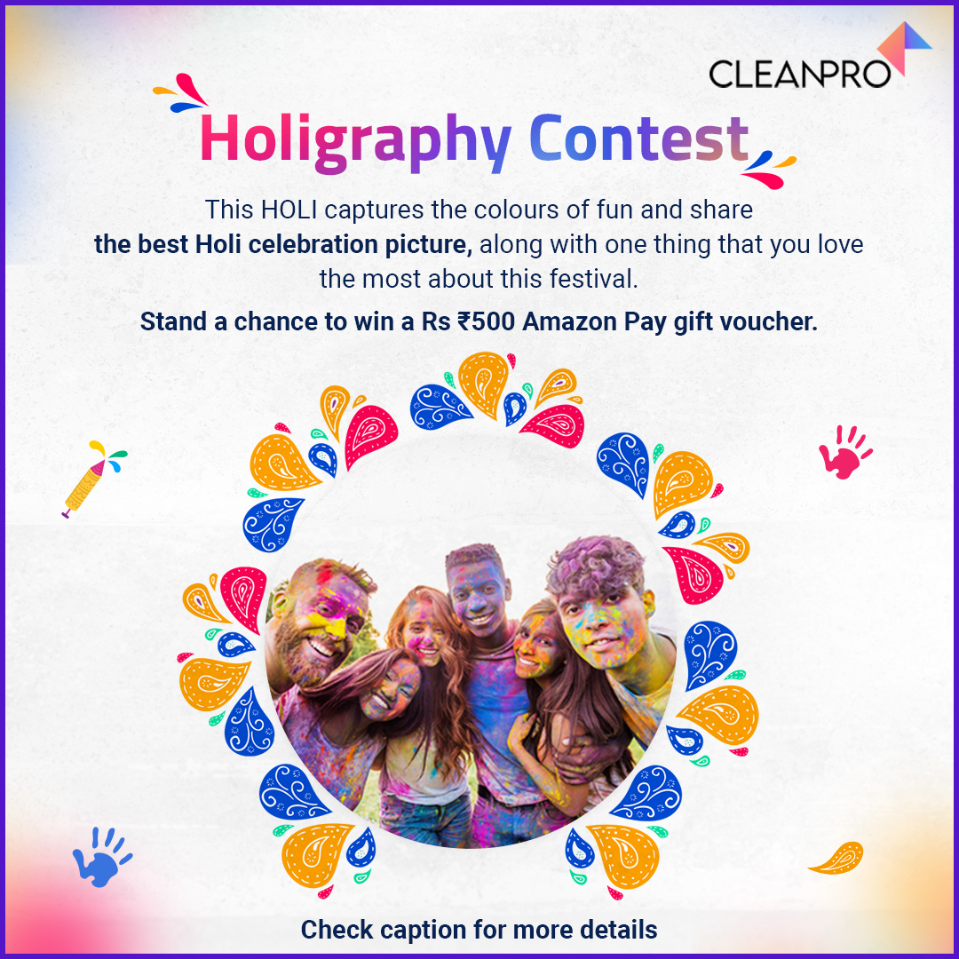 CleanproPvt's tweet image. Follow the below steps to participate:

1) Share the best Holi celebration picture as well as one of your favorite aspects of the festival. 

2) Follow us on LinkedIn, Facebook, Twitter, YouTube and Instagram. (linktr.ee/Officialcleanp…)

#ContestAlert #ContestIndia #Holigraphy