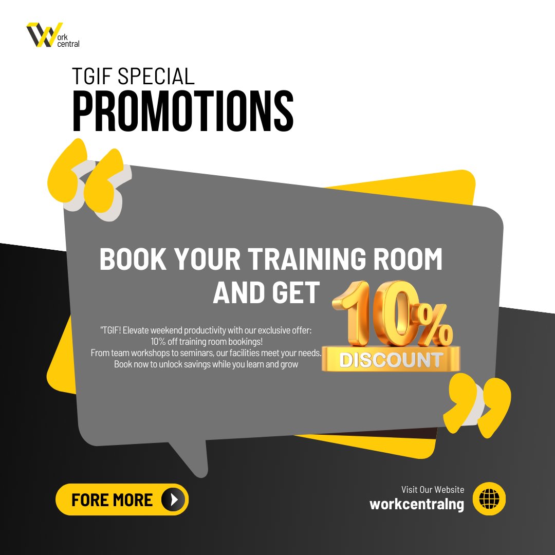 'Boost your weekend productivity! 
 Enjoy 10% off training room bookings when you reserve now. 
Elevate your learning experience with us! 
#TGIF #WeekendProductivity #TrainingRoomOffer #UnlockSavings'