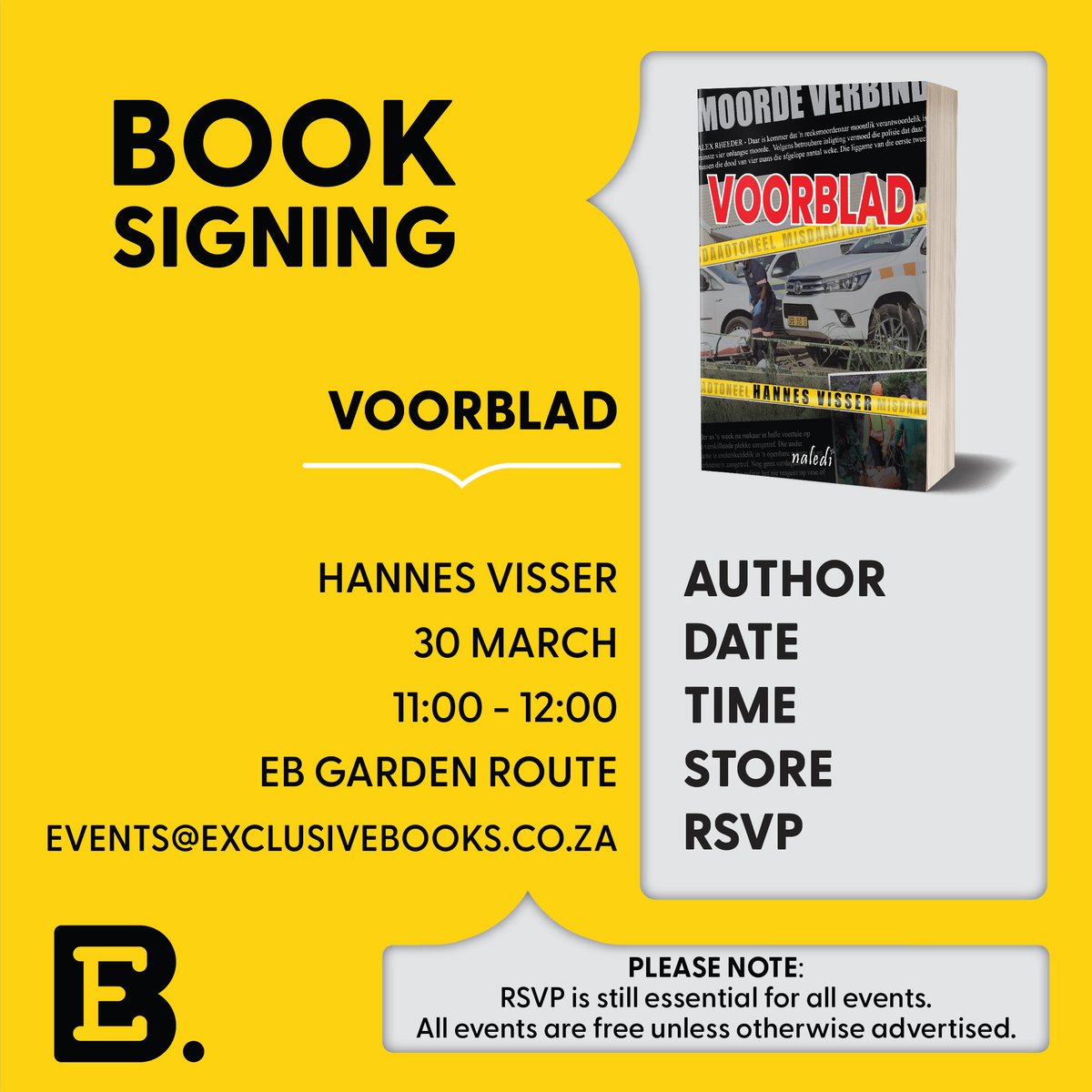 📍🗓️ Join us at EB @GardenRouteMall for a book signing for Voorblad by Hannes Visser. RSVP to events@exclusivebooks.co.za