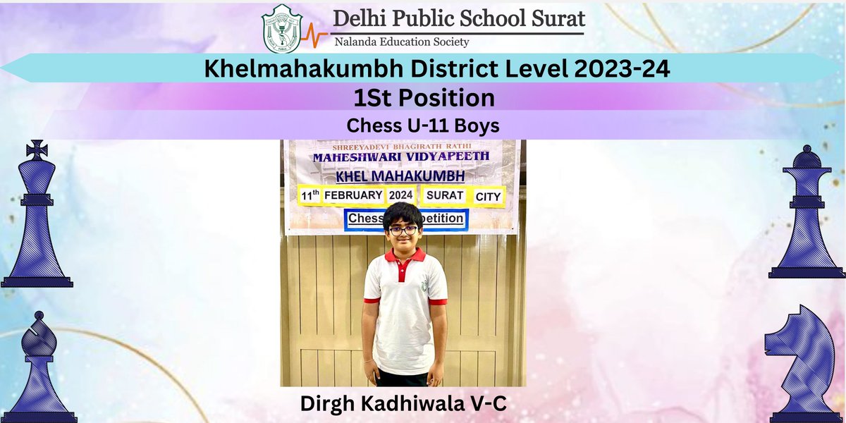 DPSSurat's tweet photo. Huge shoutout to Manya Drolia, Dirgh Kadiwala and Samar Pathak for their indomitable performance in the Khelmahakumbh District Level Chess Championship! Keep inspiring!
#ChessStars #DistrictChampions #SchoolPride https://t.co/5TzFHHWiUt