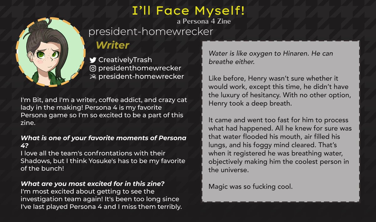 p4_zine's tweet image. CONTRIBUTOR SPOTLIGHT ⚡️

@CreativelyTrash will be writing a piece for the zine! Their emotional, touching writing style makes for memorable works!