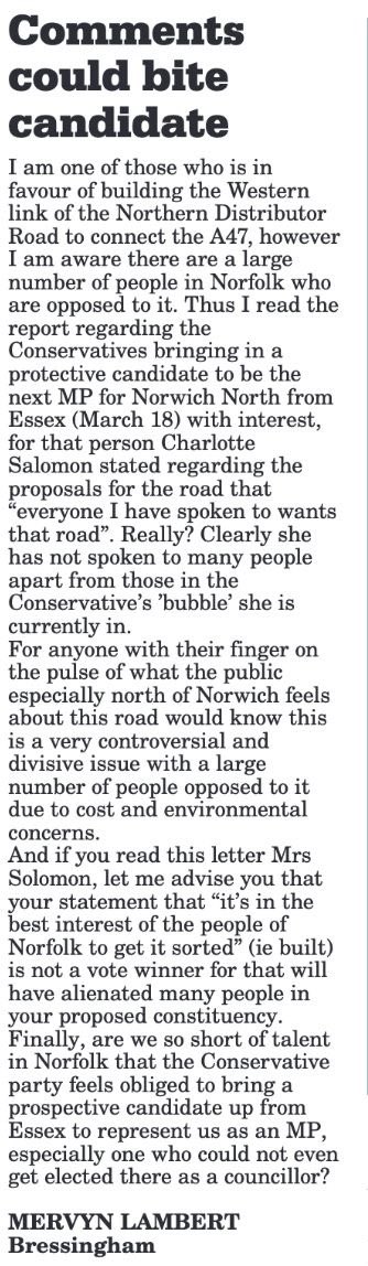See this! Even the pro-road lobby now recognises that there is huge popular opinion against the Norwich Western Link. It’s time for <a href="/NorfolkTories/">Norfolk Conservatives</a> to drop this vote loser.