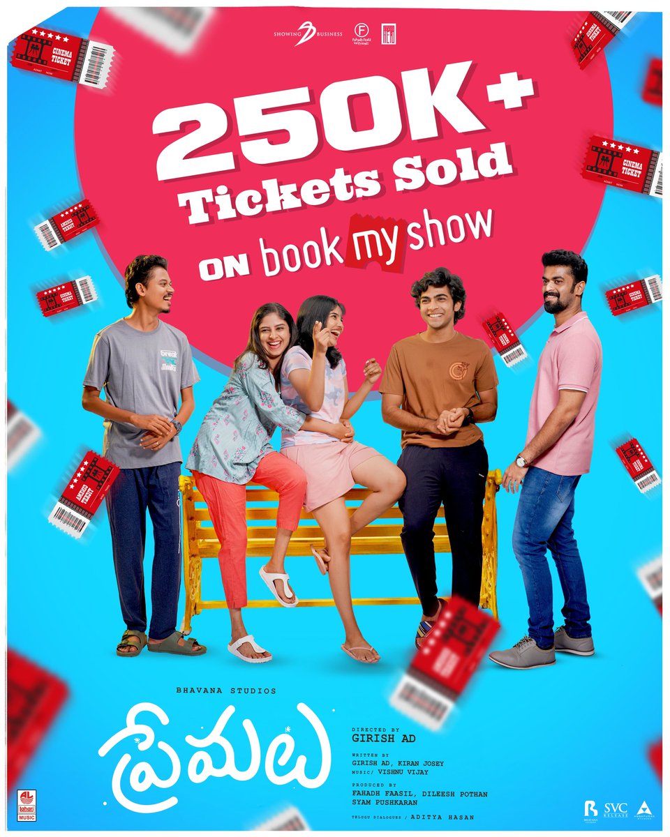 Laughter without pause driving the #PremaluTelugu journey to blockbuster heights ❤️❤️ 250K+ tickets sold on BookMyShow and still going strong 💥💥 Running successfully in theatres near you. 🎟️ bit.ly/PremaluTeluguB… #Premalu @SBBySSK @Ssk1122