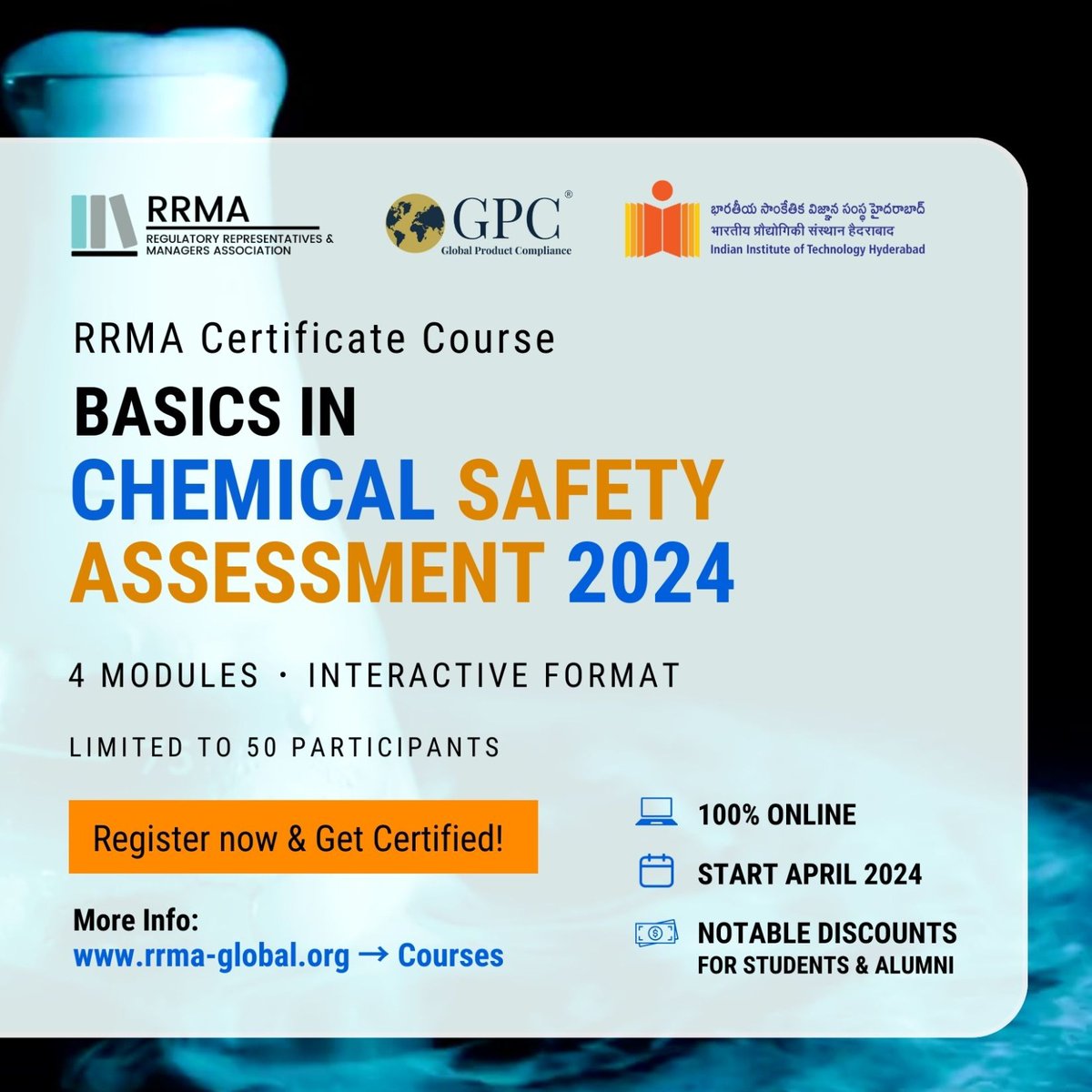 Eager to learn #ChemicalSafety 🛟 #assessment?

Join the #RRMA Certificate Course in Basics of Chemical Safety Assessment (BCSA24), developed by @IITHyderabad, Regulatory Representatives & Managers Association, and Global Product Compliance.

Enroll at: rrma-global.org/rrma-certifica…