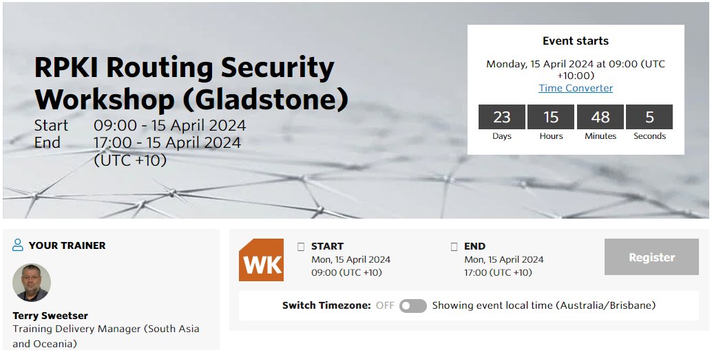 APNIC Academy invites you to register for the RPKI Routing Security Workshop (#Gladstone) on 15 April 2024. This course will focus on routing security with #RPKI, ROA and ROV emphasizing open source systems. Register now with this link academy.apnic.net/en/events?id=a… @tcsweetser