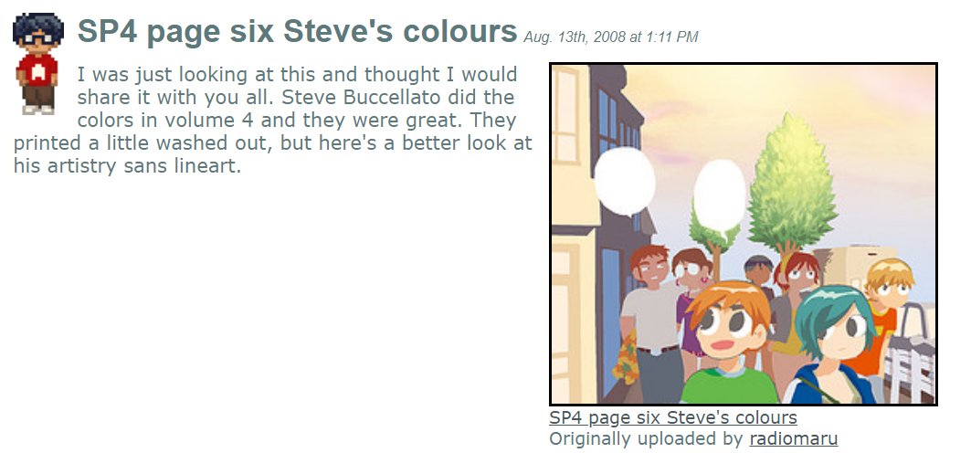 On August 11th, 2008 Bryan Lee O'Malley showed Steve Buccellato colors from one of the scenes from the Original Vol.4 pages this shows a better look at the artistry sans lineart.