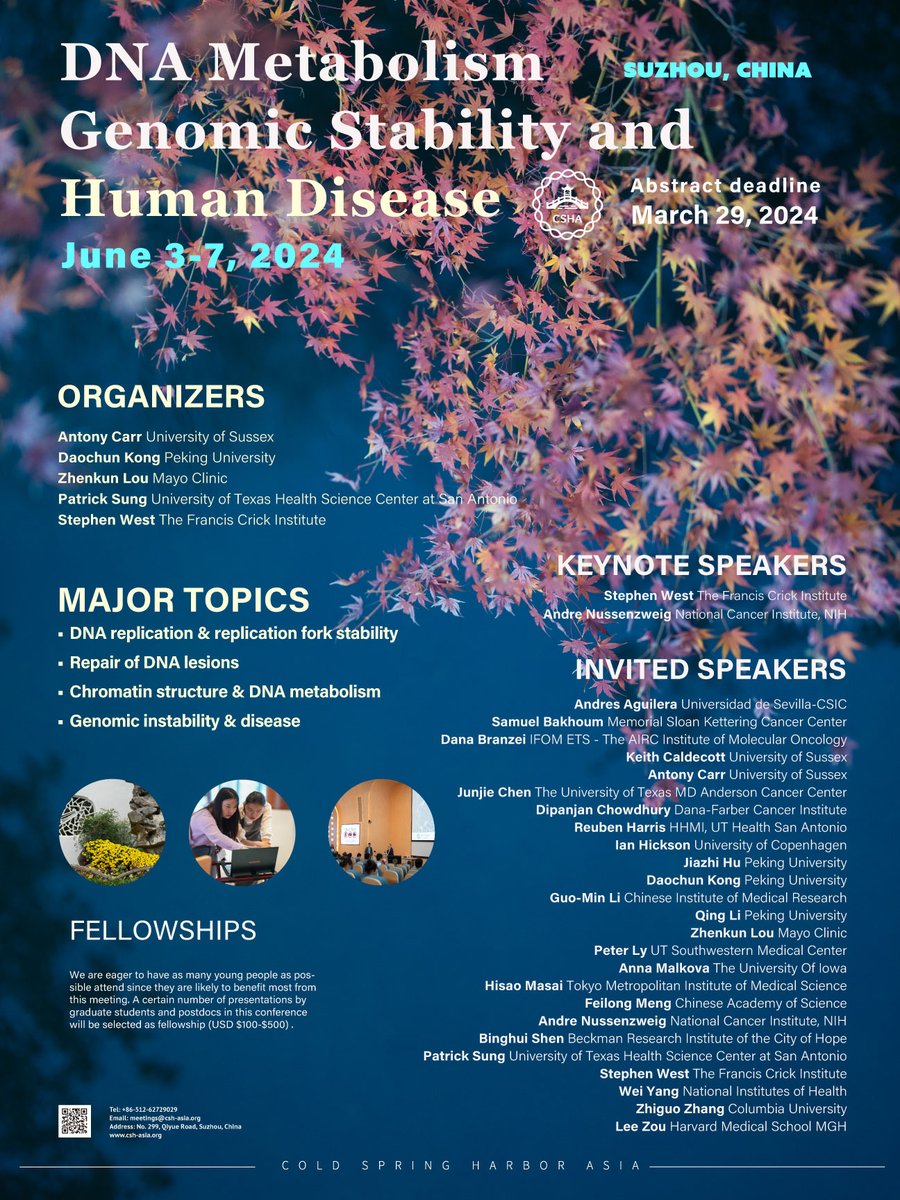 #CSHAsia meeting on #DNA Metabolism, #Genomic Stability and Human #Disease will be held in Suzhou, China. Submit your abstract for short talks and posters by March 29. Registration is always open via csh-asia.org/?content/2349.