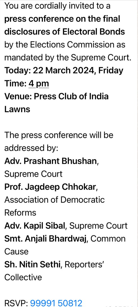 We are addressing a Press Conference today at 4 pm at the Press Club of India on the recent shocking revelations on Electoral Bonds