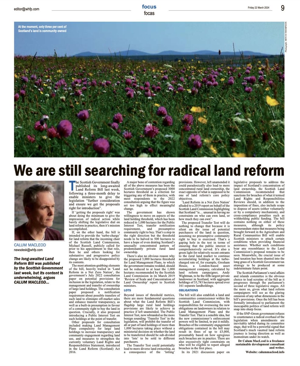 Final plug for my Focus piece on the Scottish Government’s Land Reform Bill for this week’s West Highland Free Press ⁦@WHFP1⁩