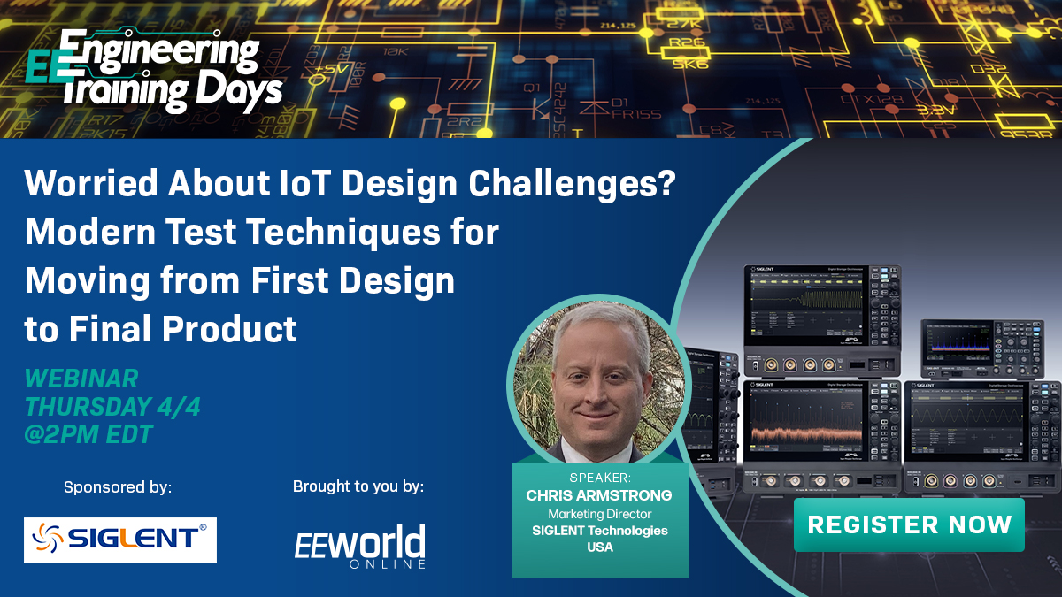 Worried About IoT Design Challenges? SIGLENT's IoT webinar on April 4 will cover the integration of testing into the design process and how it helps engineering teams meet their goals. Register Now: bit.ly/4csAfBR #IoT #webinar #engineer #solutions #oscilloscopes