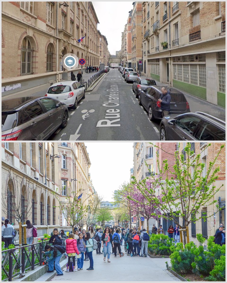 Paris aims to have 300 “school streets” built by 2026—closures to motor traffic that result in new public amenities. 180 have become permanent car-free spaces—as on Rue Charles Baudelaire—offering a glimpse into a future that prioritizes everyone’s health, safety, and happiness.