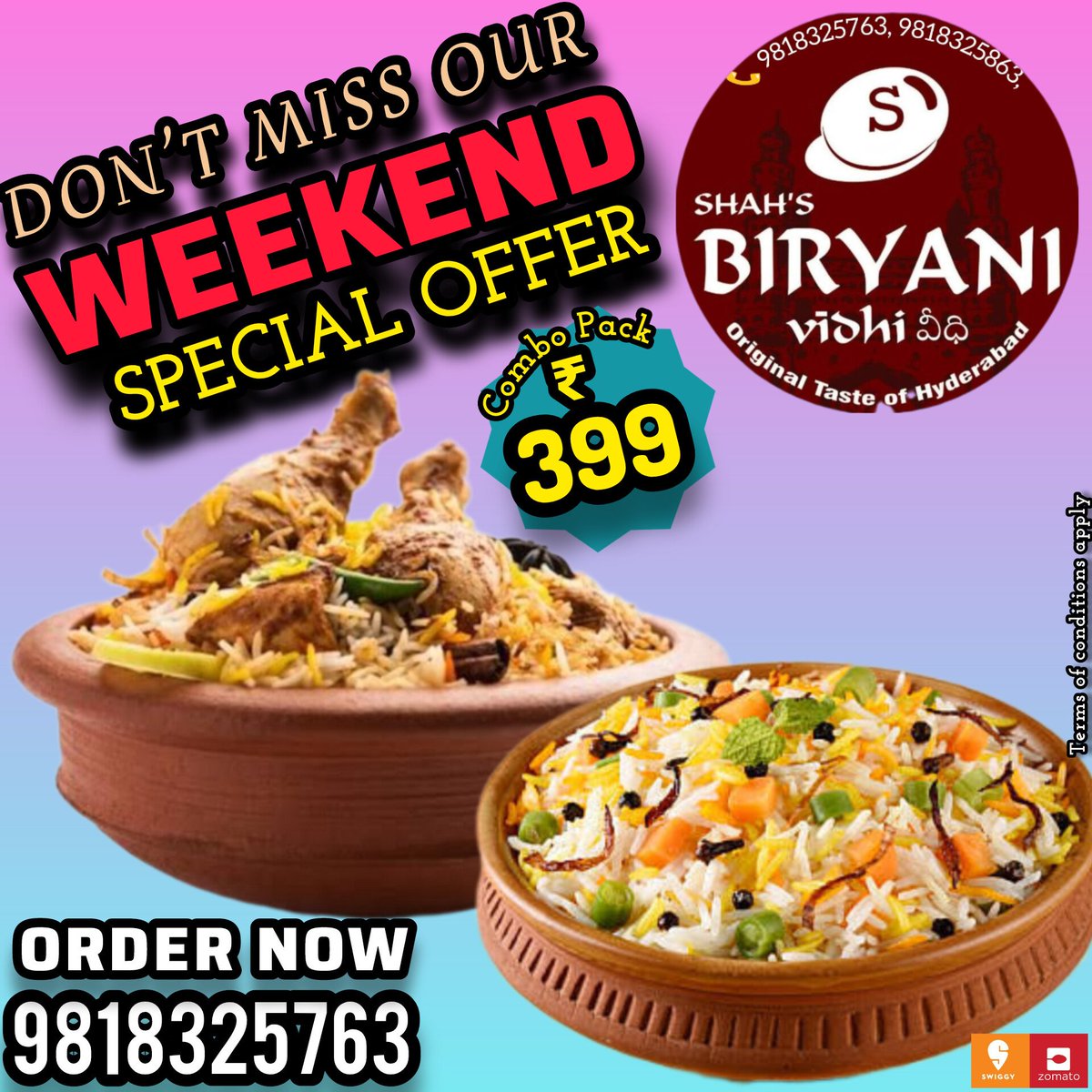 BiryaniShah's tweet photo. #weekend Special #offer price to #celebrate with our authentic Hyderabadi Dum #Biryani with Raita and Salan.
Order @BiryaniShah or call 9818325763, 9818325863
For online Orders visit #Zomato , #swiggy or #magicpin https://t.co/YHetlxsHp1