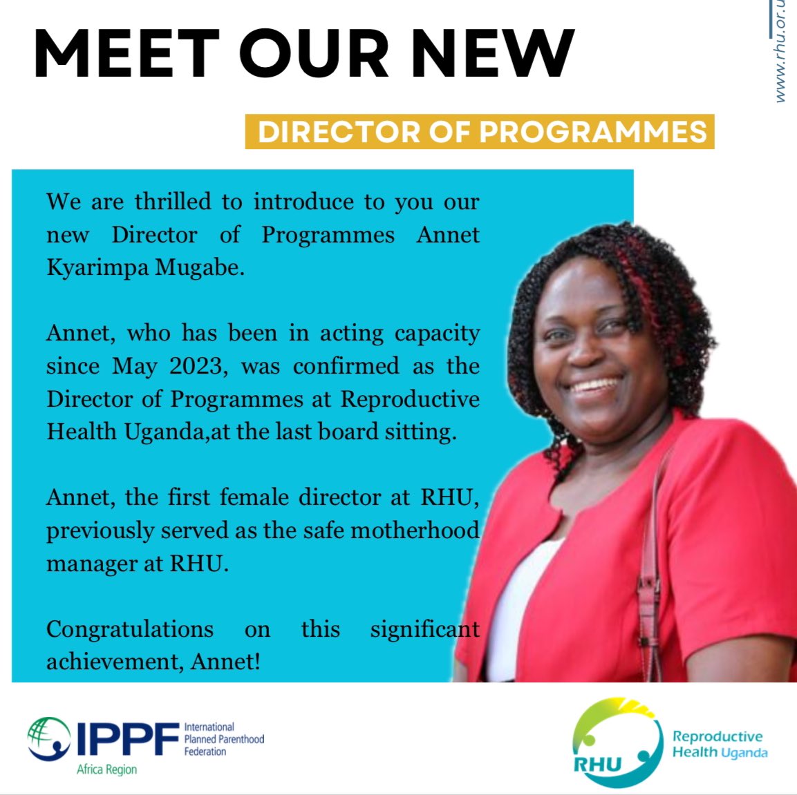 We are delighted to present @AnnetKyarimpa as the newly appointed Director of Programmes. Congratulations on this remarkable milestone, Annet! Your leadership and commitment are truly commendable. #WeAreRHU