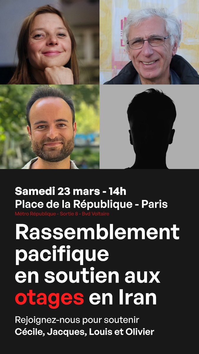 C'est demain ! Rejoignez-nous place de la République à Paris demain à 14h!
#FreeCecileKohler #FreeLouisArnaud #FreeJacquesParis #FreeThemAll #Iran #otages