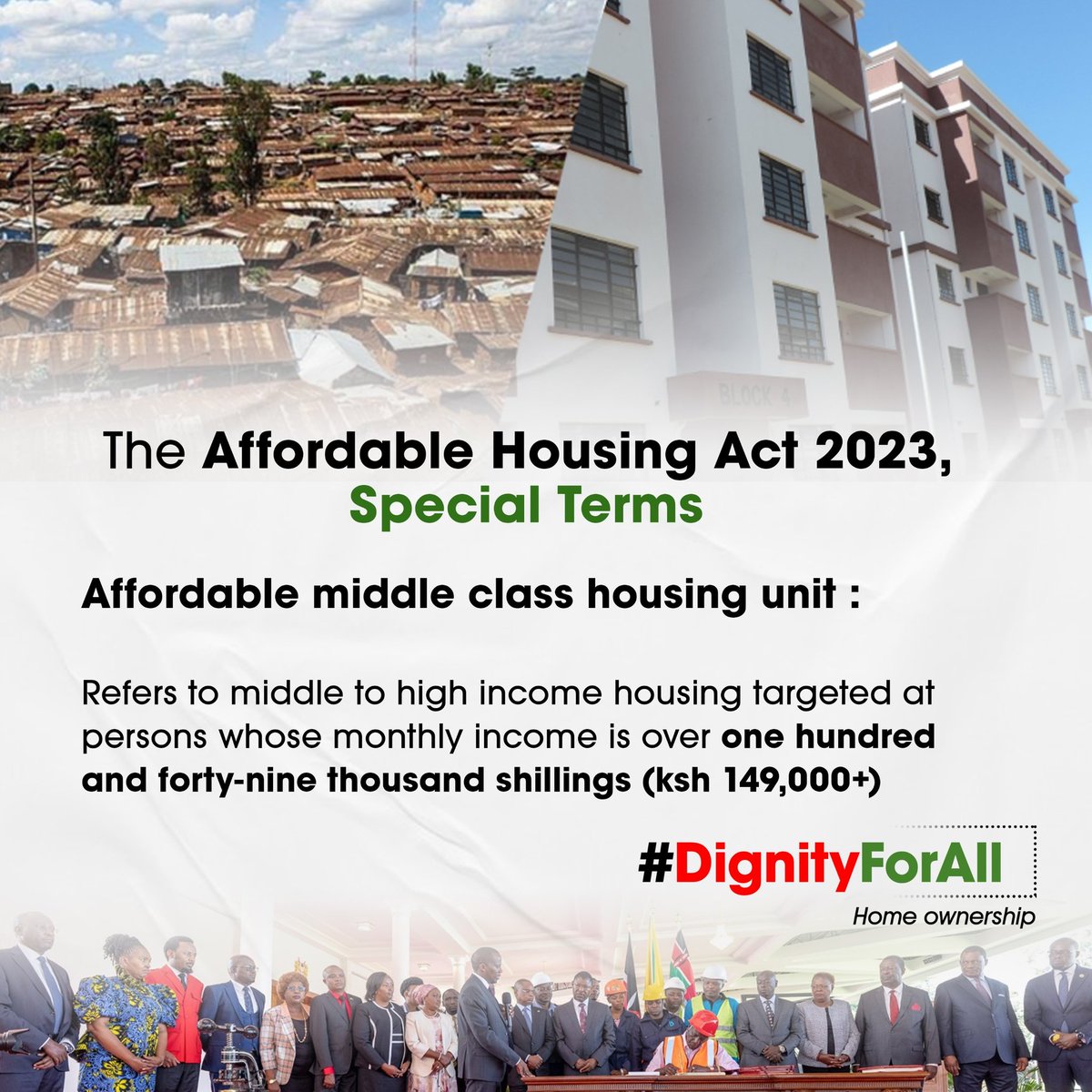 . #DignityForAll and affordable middle class housing unit refers to Middle to High Income housing target at persons whose monthly income is over 100 and 149,000 shilling. 
Home ownership