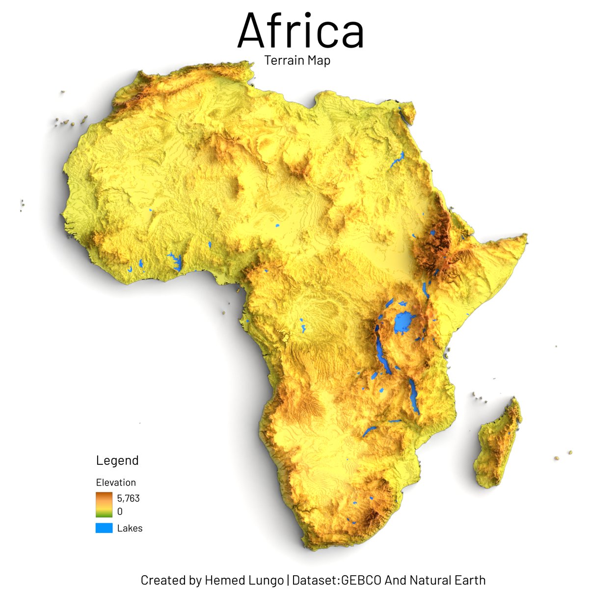 A Map🗺️ showing Terrain Model of Africa ,Dataset from GEBCO Bathymetry and Natural Earth #geospatial #gischat #Africa #dataviz #render #qgis #blender #b3d