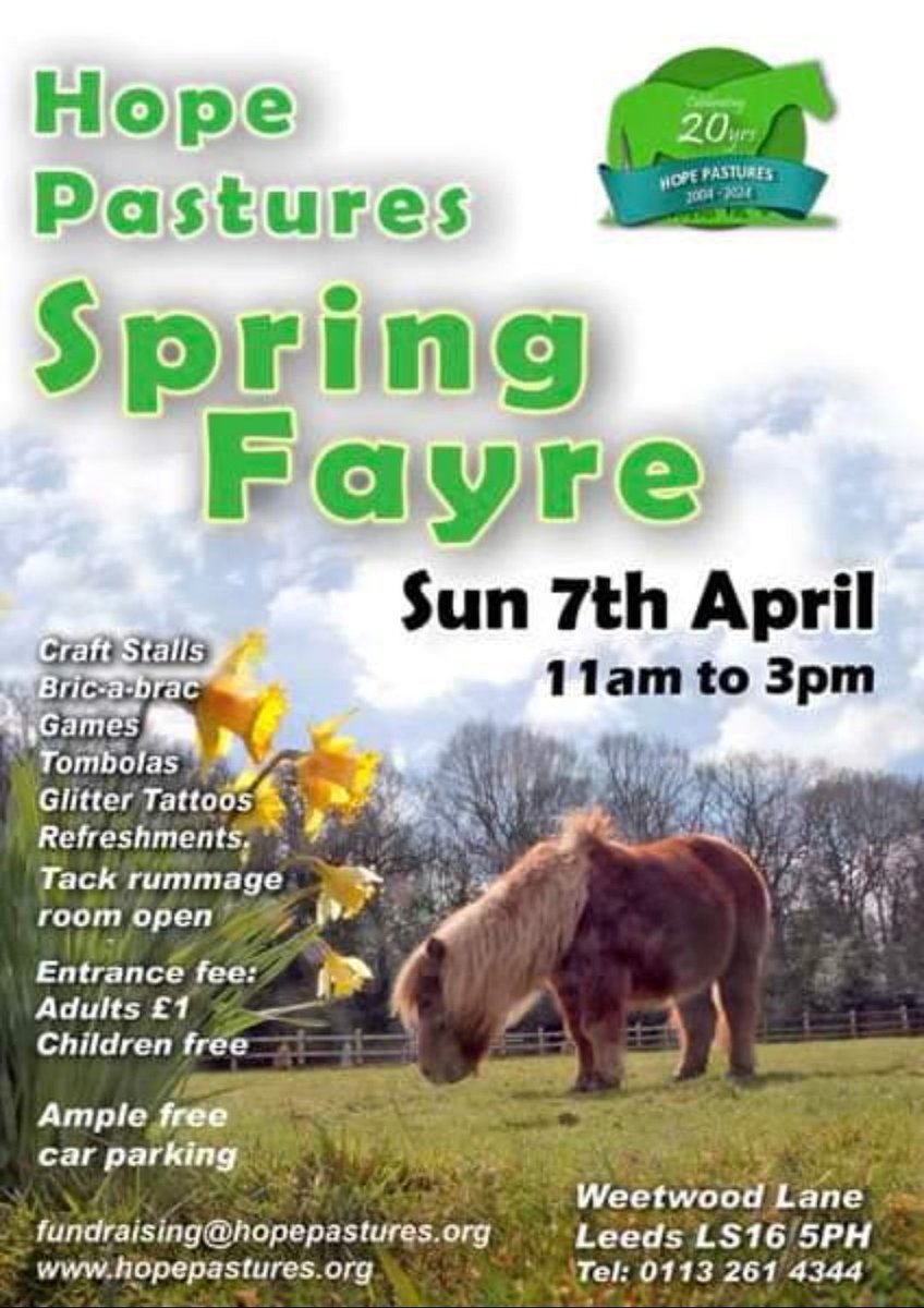 🌸🎉 Join us for a blooming good time 🌼 at Hope Pastures Spring Fayre on April 7th! 🎂 We're celebrating 20 years of making a difference and you're invited to join in the festivities! #hopepastures #leeds #horsesanctuary #donkeysanctuary