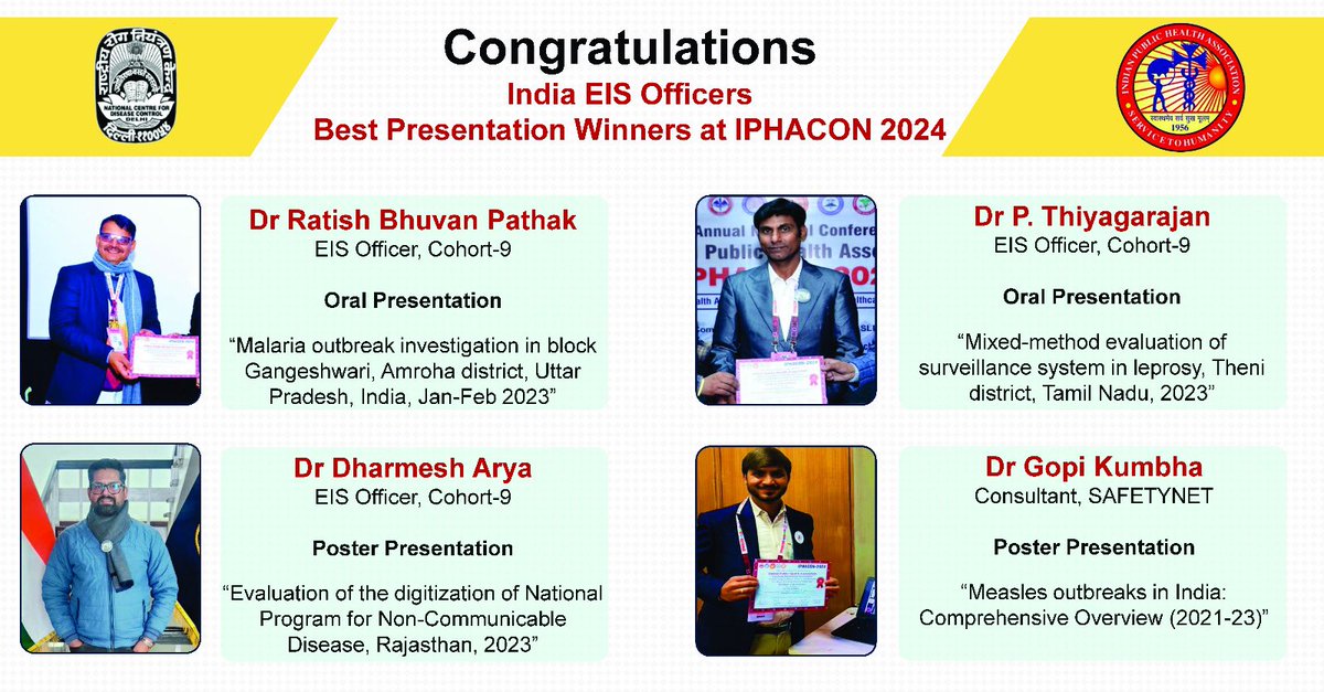 Congratulations to the EIS team of NCDC for their well-deserved award win at IPHACON-2024. NCDC strives for high quality epi field service for the community. #IndiaEIS #IPHACON2024 @MoHFW_INDIA