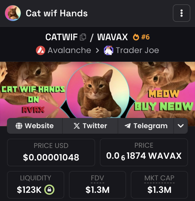 Catwifhandsavax's tweet photo. /cat_wif_trending $CATWIF 

https://t.co/UuKDmEpkti

$WIF $COQ $MEOW $AVAX https://t.co/R8F5UE3tl1