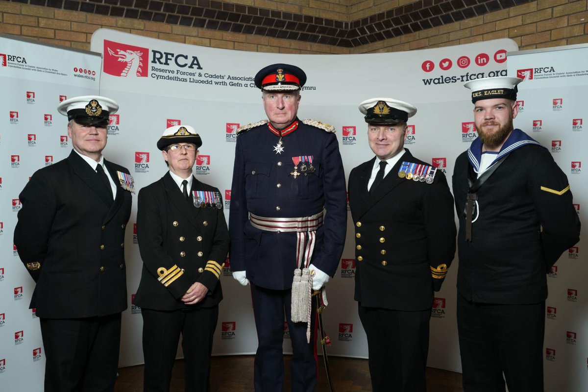 Llongyfarchiadau! Last night the work of North Wales @RNReserve were recognised by the Lord-Lieutenant of Clwyd. The three honoured are pictured with Commander Judith Barnes, Commanding Officer @HMSEagletRNR