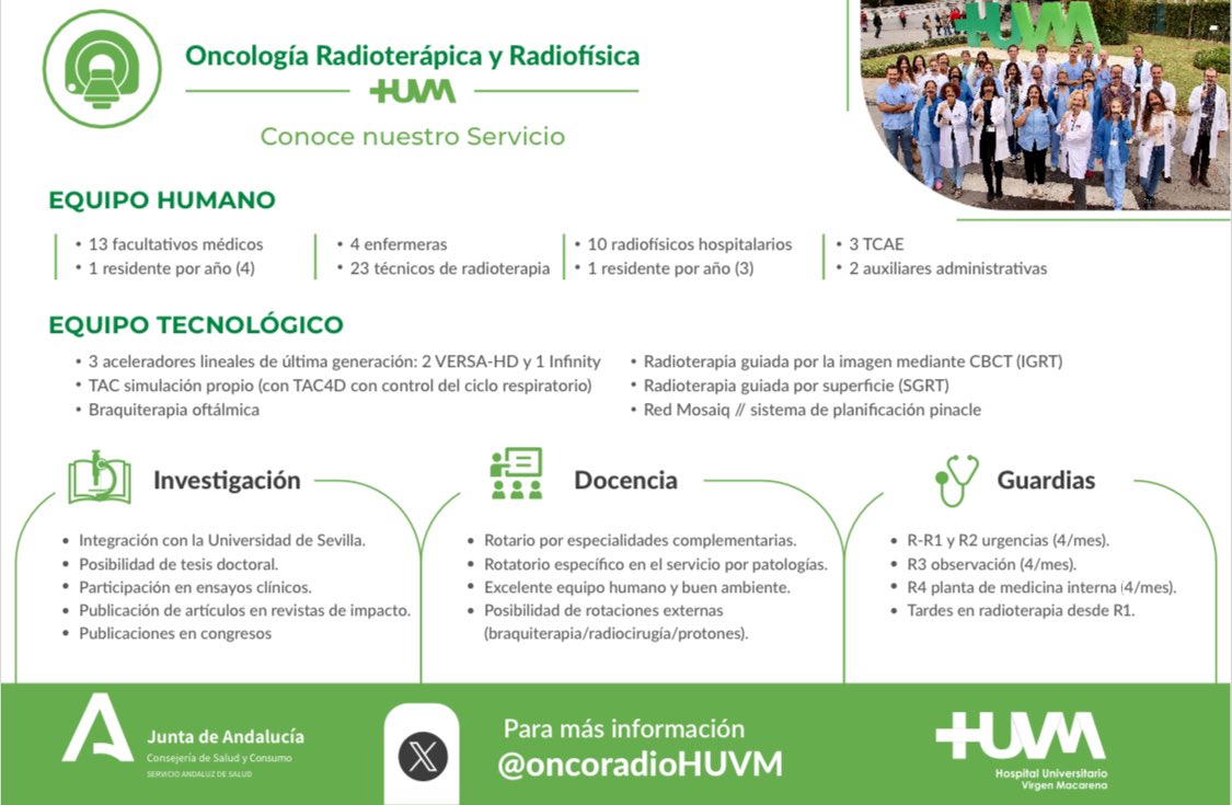 #MIR2024 ¿Quieres conocer más acerca de nuestra especialidad? ‼️Te dejamos la infografía para consultarla‼️⬇️ : especialidad clínica con manejo integral del paciente oncológico ☢️ Si quieres venir a conocernos, al @HUVMacarena, contacta con nosotros 🏥🩺 #radonc