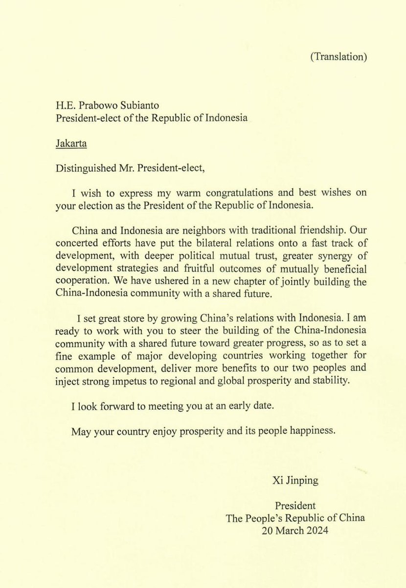 Terima kasih saya ucapkan kepada Presiden Republik Rakyat Tiongkok, Yang Mulia Xi Jinping atas ucapan selamat terhadap hasil akhir Pemilu yang diantarkan langsung oleh Duta Besar Tiongkok untuk Indonesia, H.E @Amb_LuKang. Sebuah kehormatan bagi saya untuk menerima surat ini.…