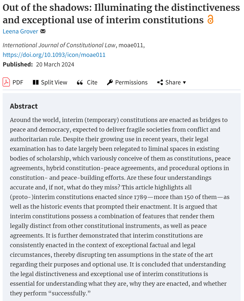 Richard Albert (@richardalbert) on Twitter photo 📜 A brand new paper on Interim Constitutions. What are they, what are their functions, and how do they perform? Published in the <a href="/icon_journal/">International Journal of Constitutional Law</a>, and written by Leena Grover from Tilburg Law School.🤩
Full text: academic.oup.com/icon/advance-a… 📜 A brand new paper on Interim Constitutions. What are they, what are their functions, and how do they perform? Published in the <a href="/icon_journal/">International Journal of Constitutional Law</a>, and written by Leena Grover from Tilburg Law School.🤩
Full text: academic.oup.com/icon/advance-a…