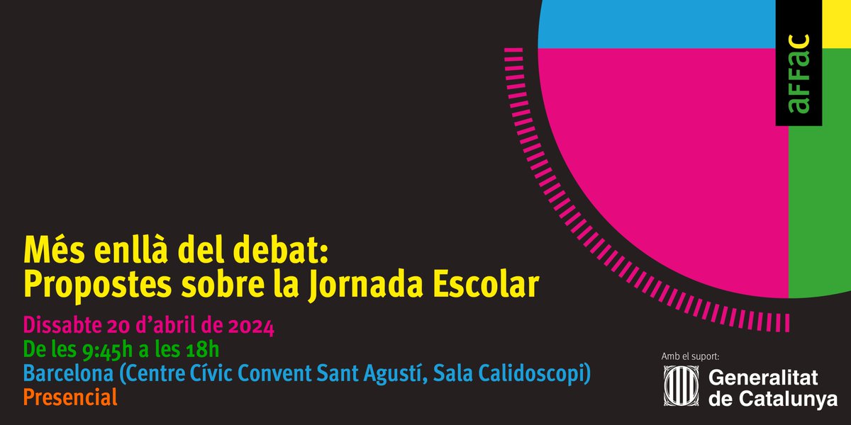 ⏰ Vols ajudar a construir propostes de millora sobre la jornada escolar?

🙋‍♀️Si ets una entitat o organització, vine a la jornada “Més enllà del debat: Propostes sobre la jornada escolar” i aporta les teves idees!

Inscripcions👉 affac.cat/trobada-jornad…