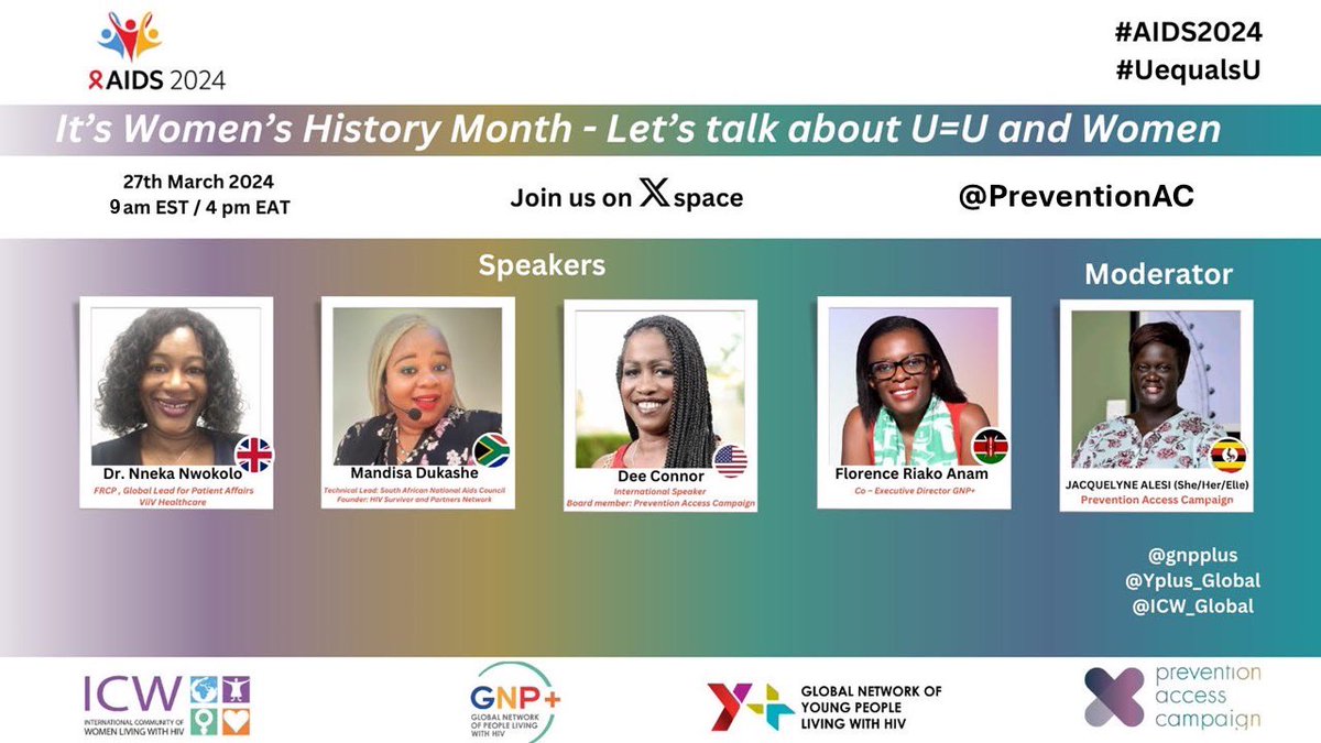 It's Women's History Month! Join us for a chat about #UequalsU and women on X-space with history-making women. 🗓️March 27th ⏰9:00 AM ET / 4:00 PM CAT 🔗 twitter.com/i/spaces/1vOGw… As #AIDS2024 approaches, how can #UequalsU amplify the voices of women living with HIV, and address