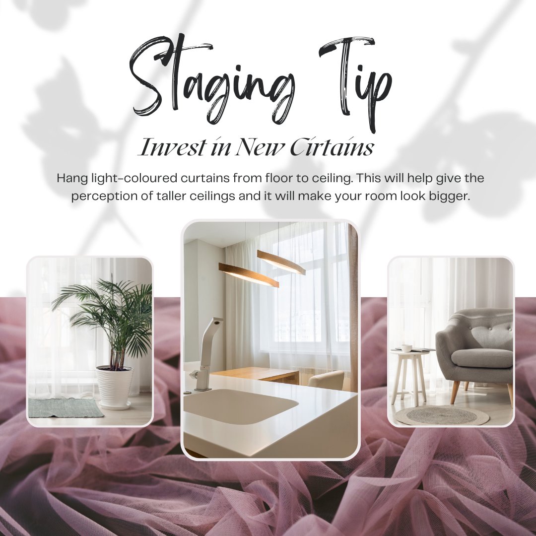 #HomeStagingTips Hang light-coloured curtains from floor to ceiling. This will help give the perception of taller ceilings and it will make your room look bigger
