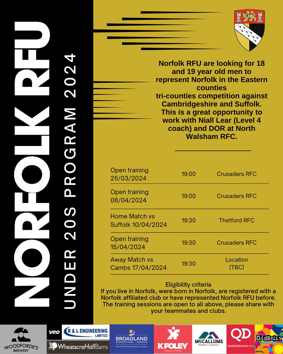 Calling all 18 and 19 year old eligible Rugby players. Please come to our open training sessions and try out for the new Norfolk RFU U20s side for this years <a href="/ECRURUGBY/">Eastern Counties RU</a>  tri-counties cup. I know its short notice but lets get after it. Please like and share with your teammates.