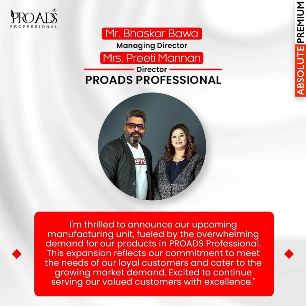 Proads_india's tweet image. Led by visionaries Mr. Bhaskar Bawa, Mrs. Preeti Mannan, and Anurag Sir, PROADS launches its pioneering 'Make-in-India' facility, blending innovation with excellence in beauty, and setting new standards in skincare and haircare.
.
#proads #proadsprofessional #proadshaircare