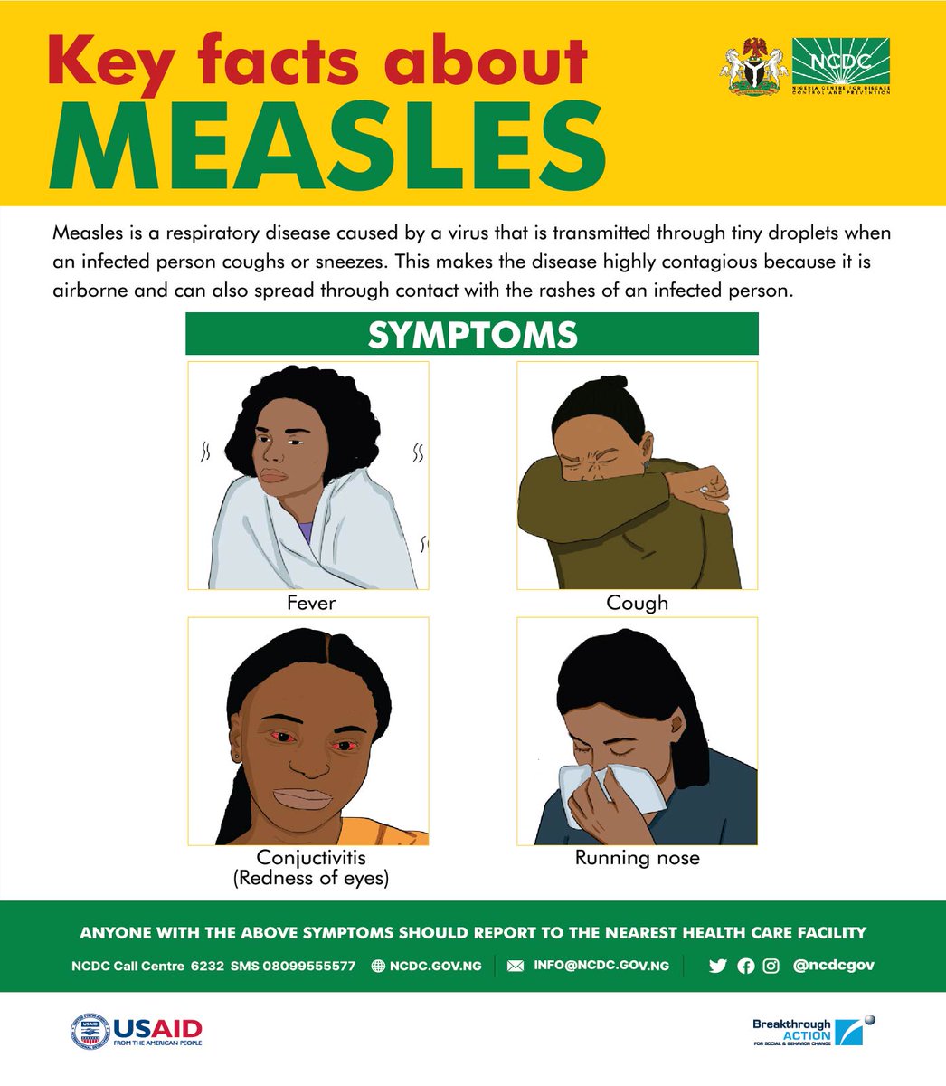 REDNESS OF THE EYE is an early indication of #Measles when observed with symptoms like high-grade fever, running nose, dry cough & tiny spots in the mouth. Please report immediately to a health facility when these symptoms are observed. Visit ncdc.gov.ng/diseases/info/M for more…