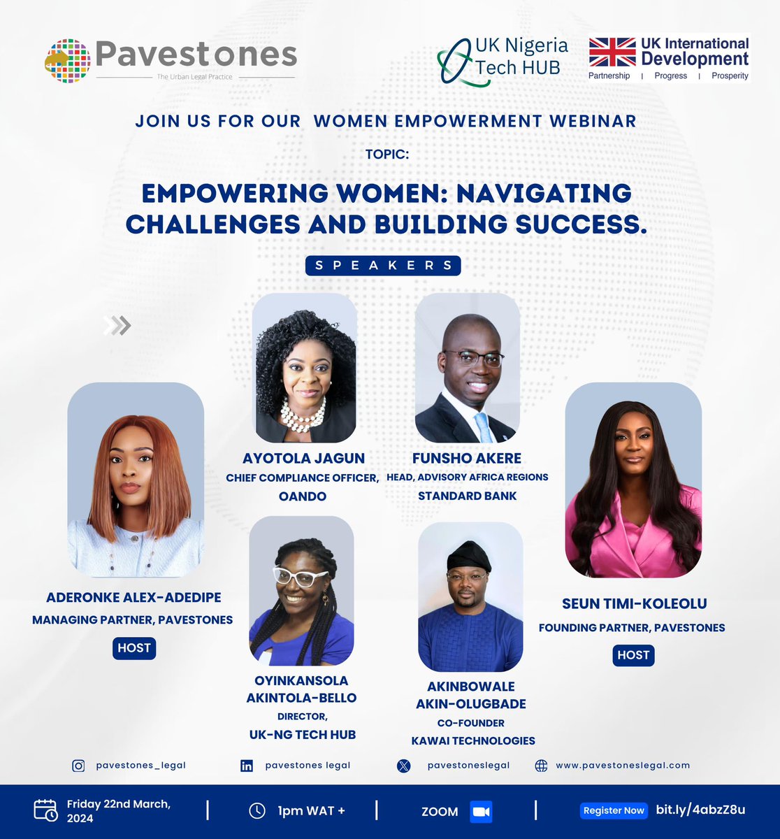 In commemoration of International Women's Month, Pavestones, a female-led law practice specializing in technology and foreign investment, is hosting this webinar to discuss challenges preventing women from being economically empowered. @ayotolajagun, our Chief Compliance Officer…