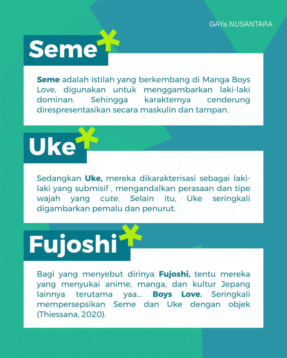 gayanusantara's tweet image. Seme/Uke? 😗

Kawan-kawan Kuwirrku pasti udah familiar dengan pertanyaan serupa. Gayamin tahu kalian memahami artinya, but... apakah kalian juga tahu awal mulanya? 😅

Mari kita diskusian soal Seme, Uke dan Fujoshi ini!
#seme #uke #gay #relationship #manga #anime #boyslove