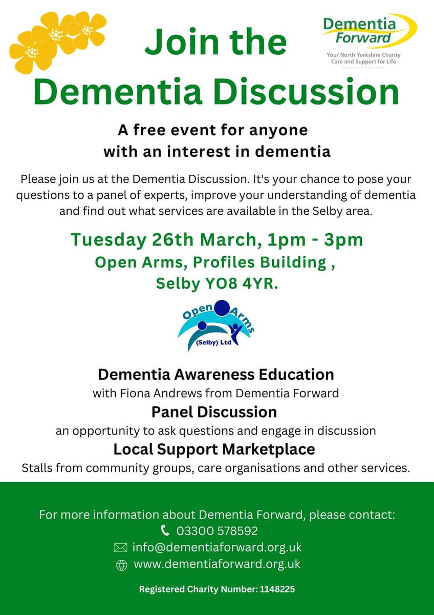 Next Tuesday in Selby, for anyone who would like more information on Dementia support in the local area. Please come along and join the discussion. @SelbyBigLocal @HortonSelby @AccessSelby @SelbyAdvice @Selby_Times #Dementia #selby