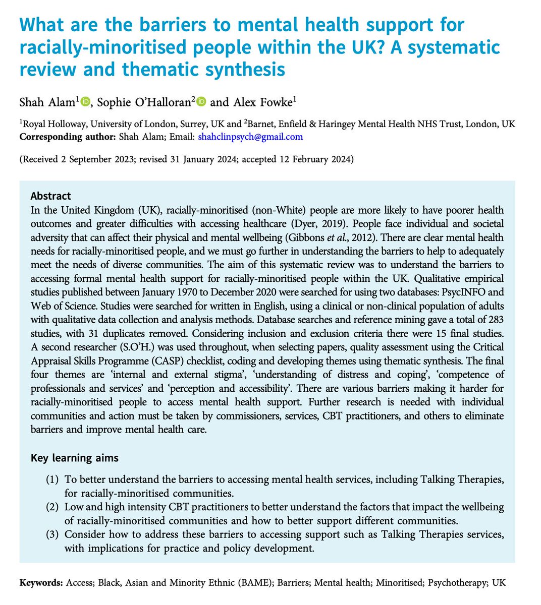 tCBT New paper: What are the barriers to mental health support for racially-minoritised people within the UK? A systematic review and thematic synthesis Full free text at buff.ly/4crbqWY