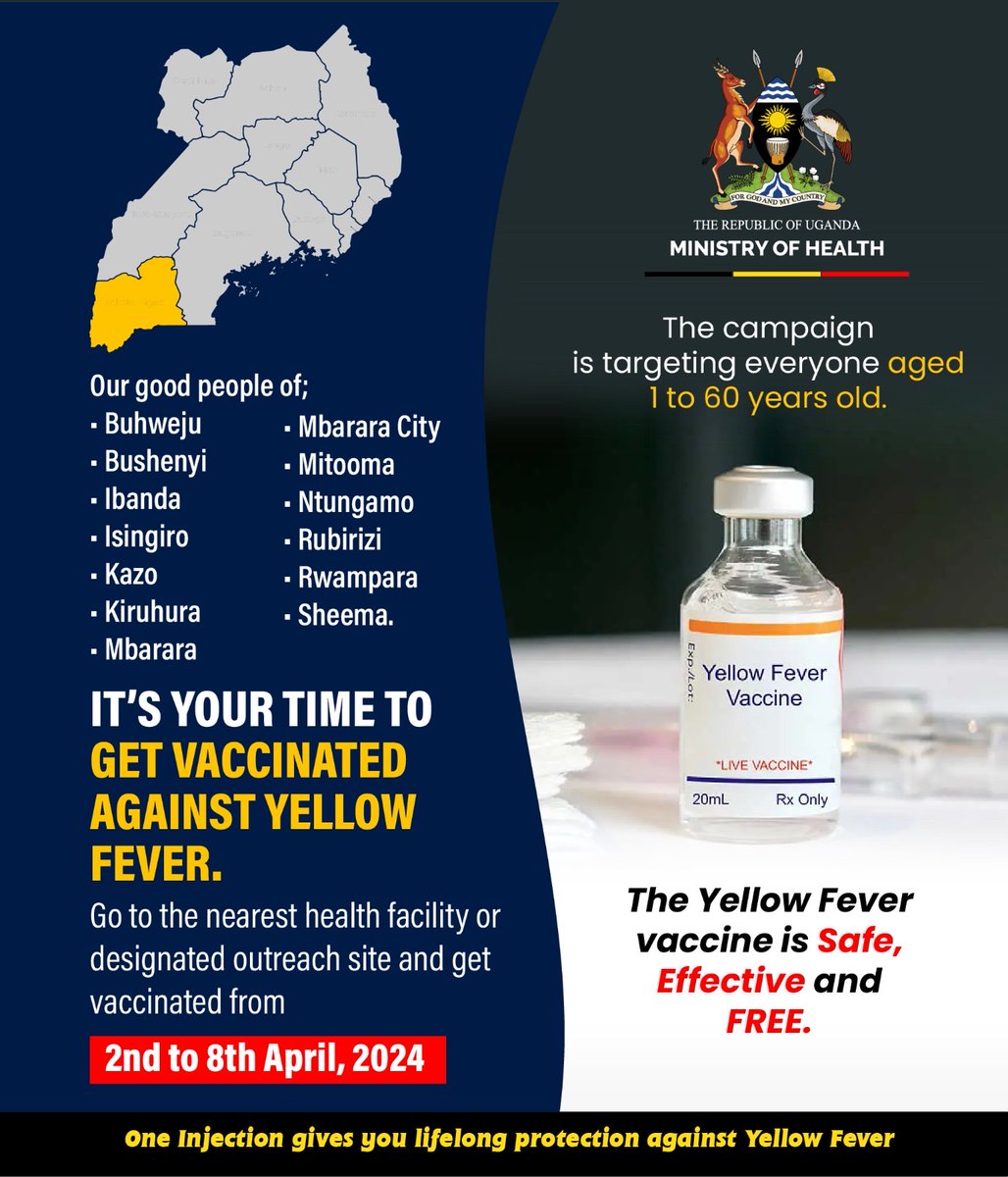 The Yellow Fever Vaccination Campaign will be in Ankole sub-region from 2nd to 8th April, 2024 in the Districts of; Buhweju, Bushenyi, Ibanda, Isingiro, Kazo, Kiruhura, Mbarara, Mbarara City, Mitooma, Ntungamo, Rubirizi, Rwampara and Sheema #YellowFeverFreeUG