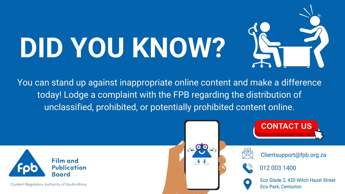 Concerned about online content? Your voice matters, whether it is unclassified, prohibited, or concerning material, we are here to listen and take action. Lodge your complaint today on our FPB website: lnkd.in/dGihA77T or send an email to clientsupport@fpb.org.za #SpeakUp