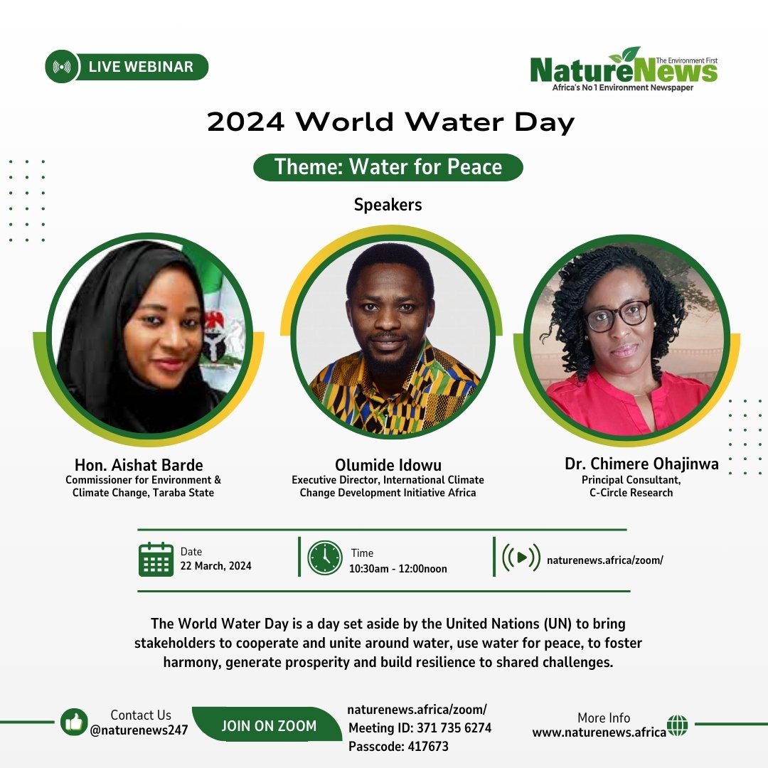 Happening today! Dear esteemed stakeholders, we invite you to kindly join us for the Zoom webinar to commemorate this year's UN-World Water Day. Time: 10:30AM Venue: Zoom Meeting ID: 371 735 6274 Passcode: 417673 naturenews.africa/zoom/ #WorldWaterDay #WaterDay #NatureNews