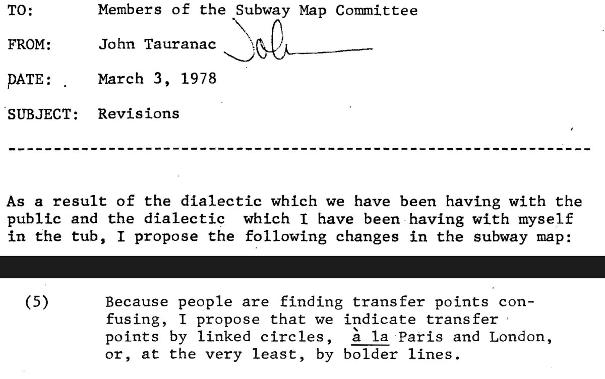 Not often we see the precise point some feature of the subway map was determined. Here is an excerpt from John Tauranac's 'bath-tub memo' on the last day of the Cityana exhibition on Mar 3, '78, deciding to adopt white-bridge transfers. & Nobu Siraisi's first known sketch of same