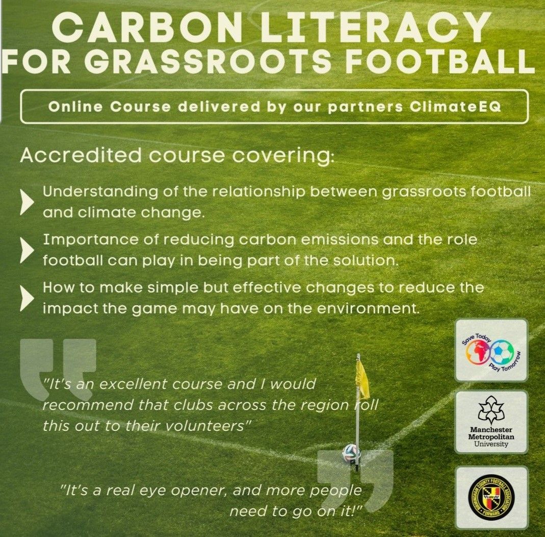 🗣 | Calling all England Accredited Clubs.... Take our Carbon Literacy for Grassroots Football online training, and receive a £100 Kitlocker voucher for your club! 25th & 26th March 6pm - 9pm each evening Places cost just £10!!🆒 Book here➡️ buff.ly/4c45GCj