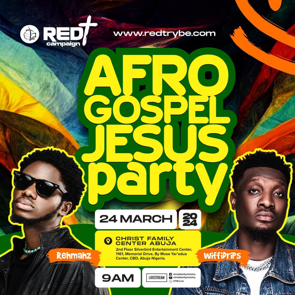 CFCAbuja's tweet image. WiffiDrips and Rehmahz will be live at our Afro Gospel Jesus Party this Sunday. 

Come, ready to dance and give God praise the Afro Gospel way.

See flyer for more details.

#RedPlus
#CFCAbuja 
#AfroGospelJesusParty
#LoveIsKing