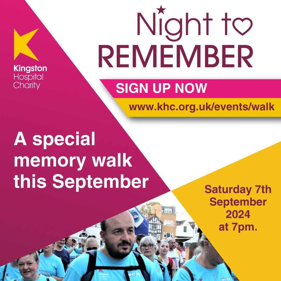Sign up to take part in our special memory walk on Saturday 7th September 2024- our Night to Remember. Visit our website for more information: khc.org.uk/events/walk/ #Kingstonuponthames #Nighttoremember