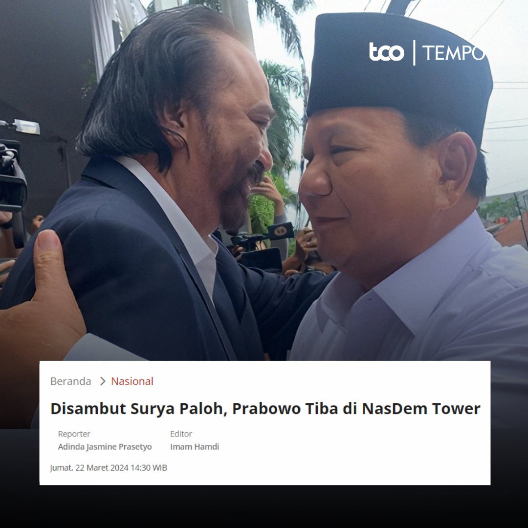 Ketua Umum Partai NasDem Surya Paloh menyambut kedatangan Calon Presiden nomor urut dua, Prabowo Subianto di Nasdem Tower, Menteng, Jakarta Pusat pada Jumat, 22 Maret 2024.

#TempoHeadliner #Prabowo #SuryaPaloh