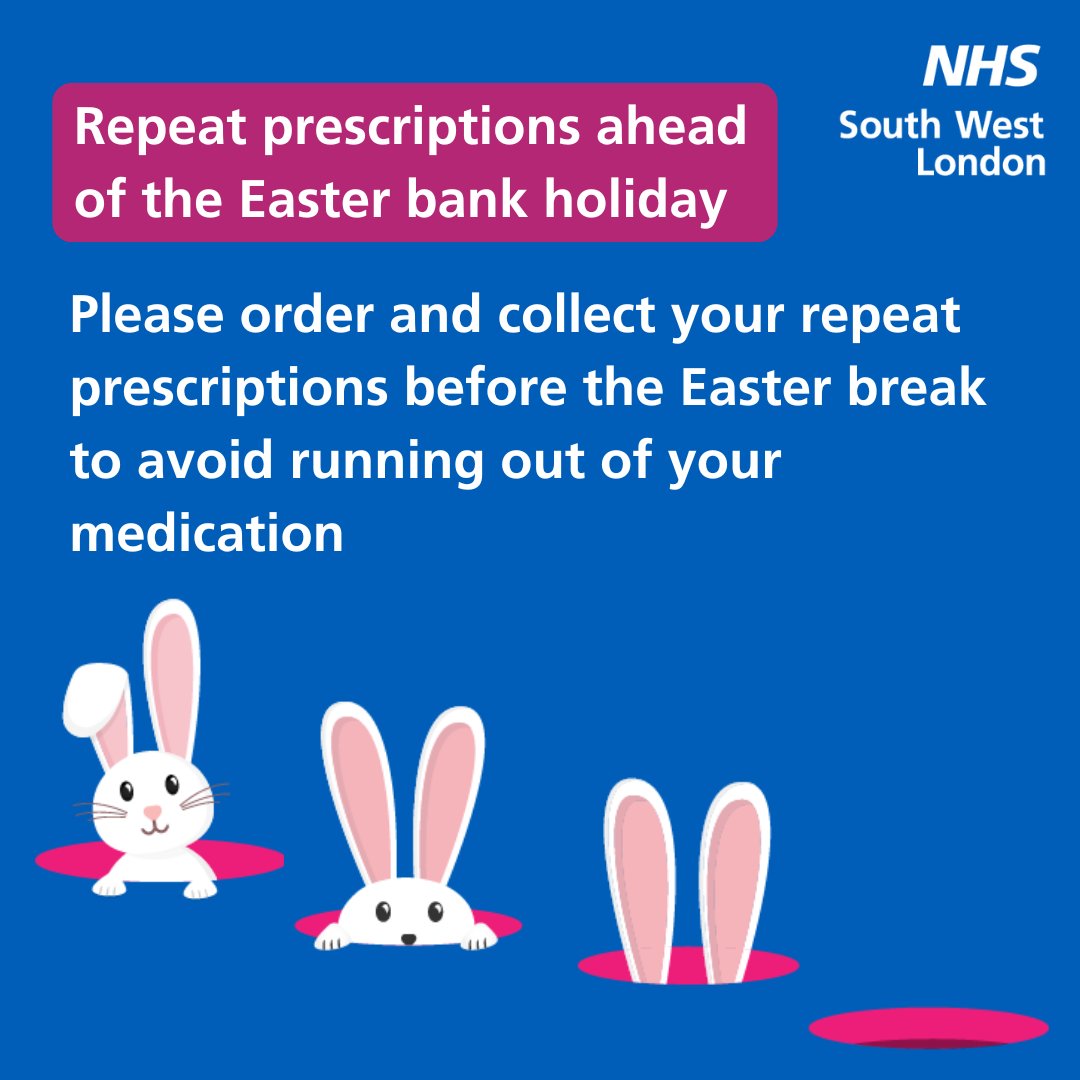 Do you take medication regularly? Ahead of the Easter bank holiday it’s important to check your prescription and order what you need in plenty of time. Pop into your local pharmacy, use the NHS App or contact your GP.