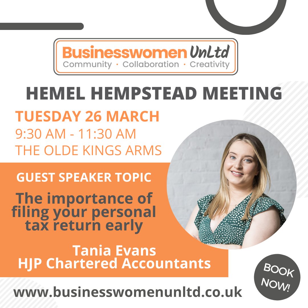 Chartered Accountant, Tania Evans @HJPAccounts will be our guest speaker for our next Hemel Hempstead meeting and will be talking about Tax Returns, and why it is important to file them early. Book now businesswomenunltd.co.uk/events/hemel-h… #BusinessWomenUnLtd