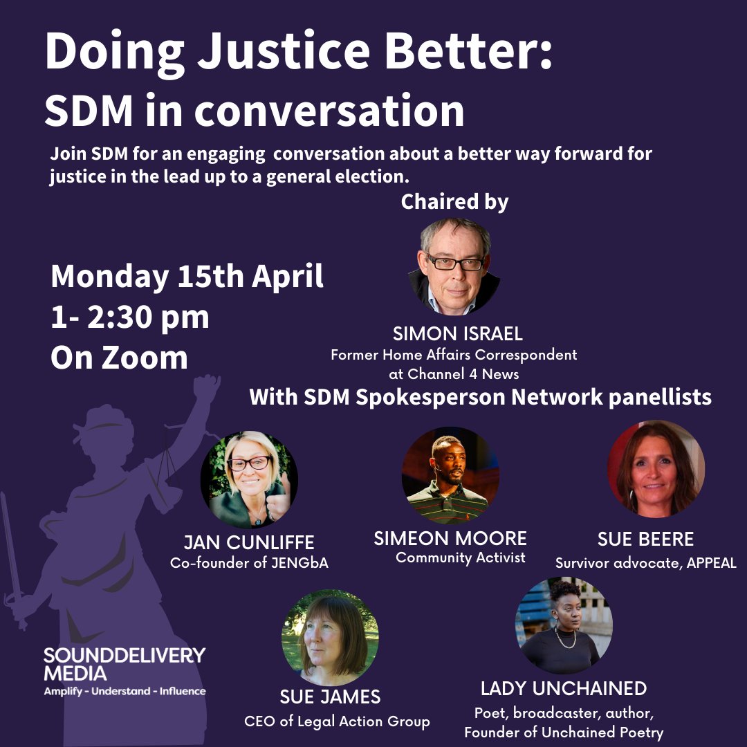 Join our online event chaired by @simonisrael aimed at journalists & others looking to hear new perspectives on the #JusticeSystem. Hear from @SueyBeere, @Jliffe, @UnchainedP, @sue_james1, @zimbosla from the #SDMNetwork. Register now: sounddelivery.org.uk/our-events/doi… #cjs
