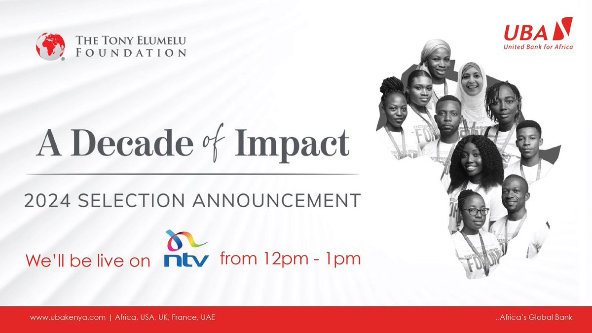 Get ready for an exciting announcement today at noon! Tony O. The Tony Elumelu Foundation will unveil the 2024 Entrepreneurship qualifiers who have been awarded seed capital of USD 5000. Stay tuned for this momentous occasion! As we mark a decade of impact.
#TEF2024
#UBAKenya